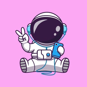 Astronauta dibujado a mano Doodle SVG Dibujos animados Astronauta escuchando música con auriculares Clipart Vector Silueta Archivos de corte para Cricut PNG JPG