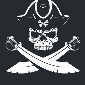 Ilustración SVG de bandera de calavera pirata dibujada a mano Cabeza de esqueleto con espadas Clipart Vector Silueta Archivos de corte para Cricut Descarga digital PNG