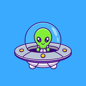 Hand Drawn Cute Cartoon Alien Flying with Spaceship SVG illustration UFO Science Technology Icon Vector Cut files for Cricut Commercial Use