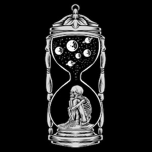 Crâne solitaire dessiné à la main dans un verre de sable avec des planètes illustration SVG Squelette assis seul Clipart vectoriel coupe fichiers pour Cricut oeuvre d'art PNG