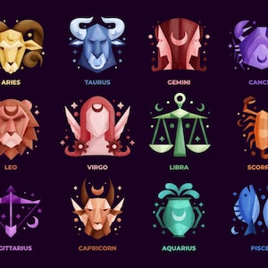 Signes du zodiaque colorés SVG Bundle minimaliste Scorpion Cancer Verseau Poissons Bélier Taureau Balance Vierge Leo Clipart Couper des fichiers pour Cricut png jpg