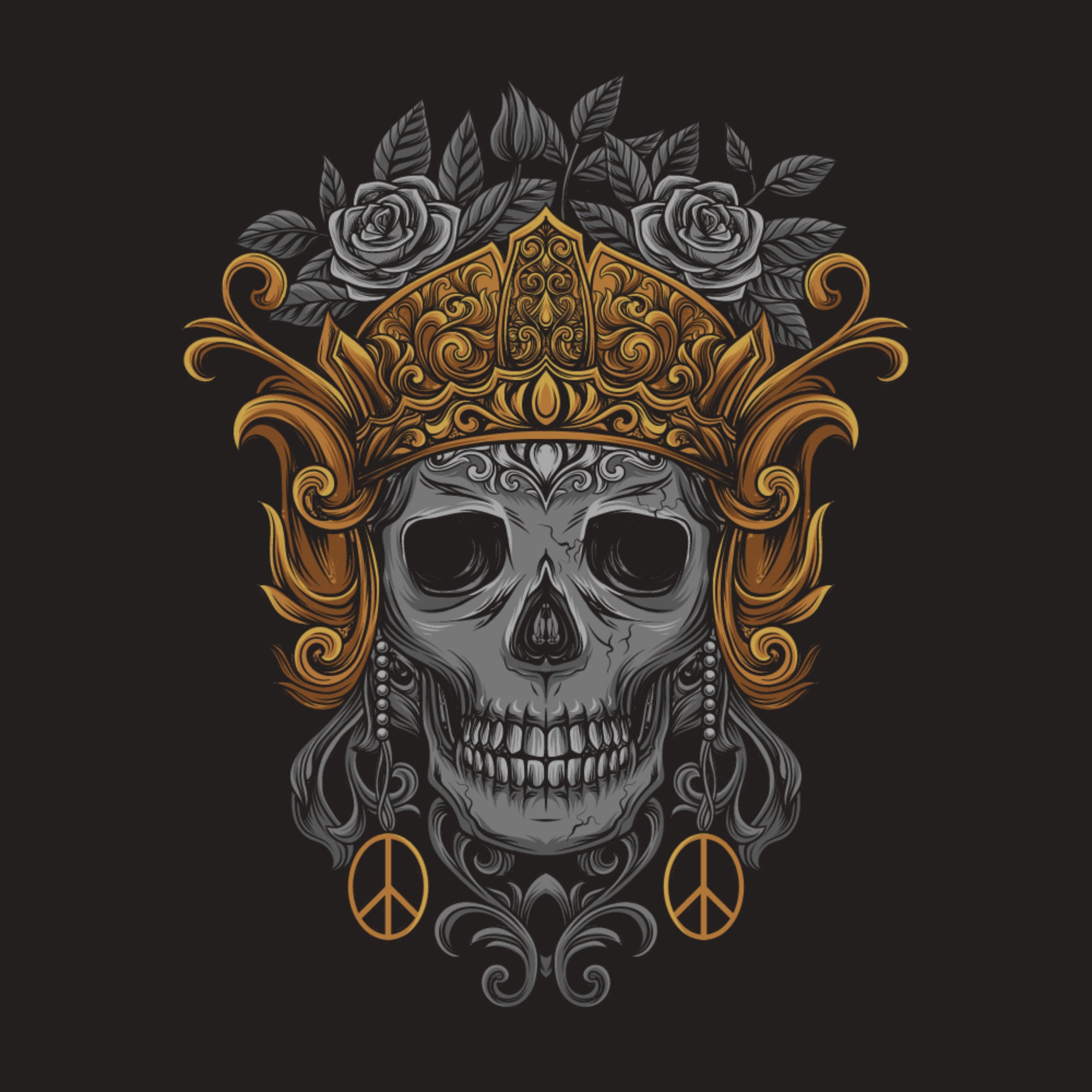 Golden Crown Skull Queen Illustration: Floral Vector Clipart (SVG