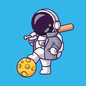 Astronauta de dibujos animados lindo dibujado a mano SVG jugando béisbol con la luna SVG Ilustración digital Vector Silueta Archivos de corte para Cricut Commercial