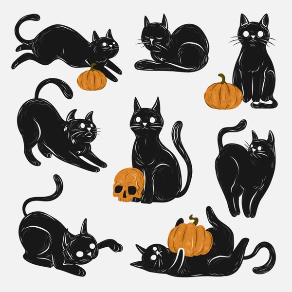 Hand Drawn Halloween Black Cat Sticker SVG Bundle Pack Scarry Skull Collection Set Clipart Cut files for Cricut Digital Download Vector PNG