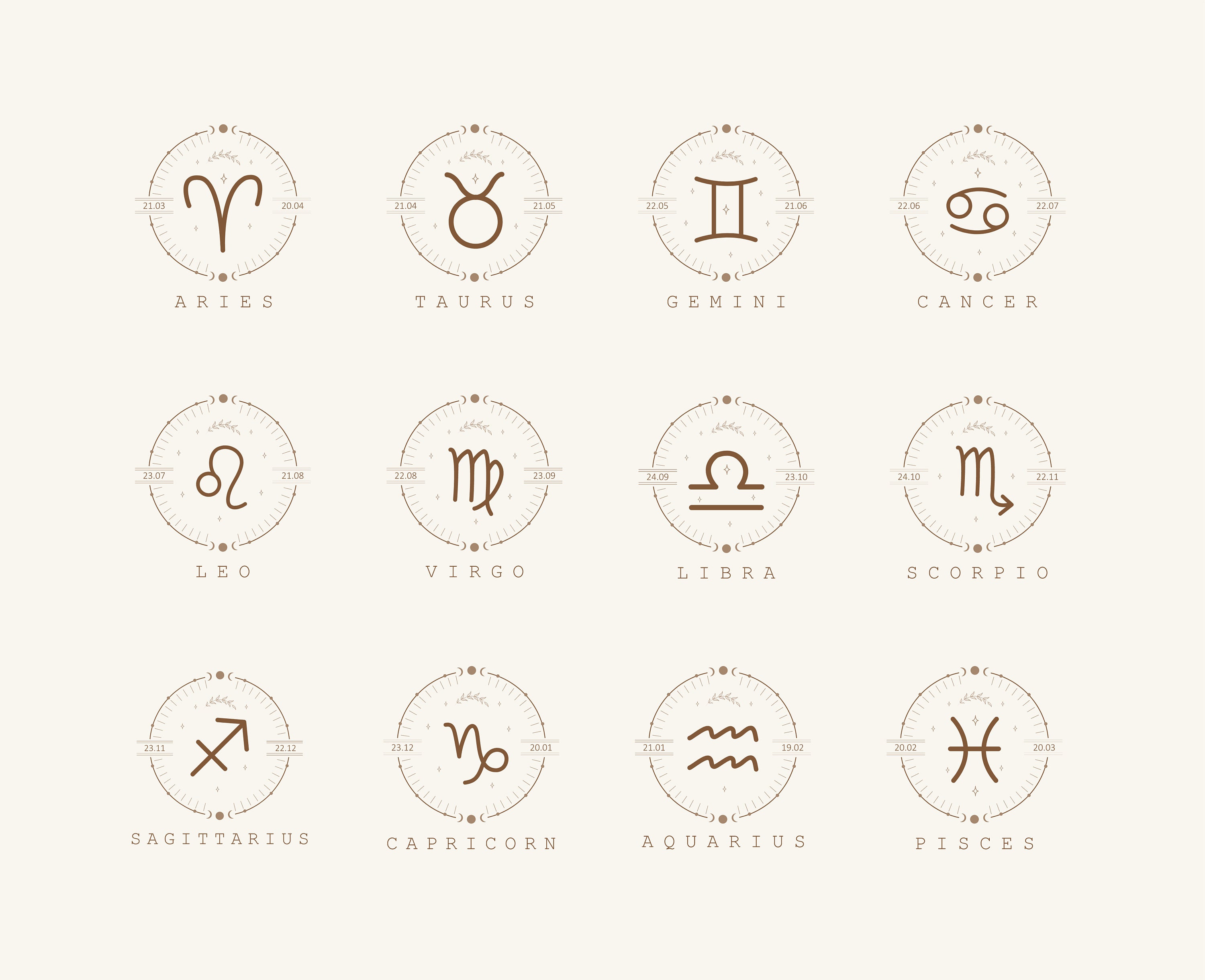 Hand Drawn Minimalist Zodiac SVG Bundle Horoscope Signs Cliparts Set Cancer Aquarius Pisces Aries Silhouette Pack Vector Cut file for Cricut