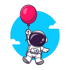 Astronauta dei cartoni animati disegnato a mano SVG Spaceman che galleggia con palloncino Clipart Vector Silhouette Illustrazione digitale File di taglio per Cricut PNG JPG