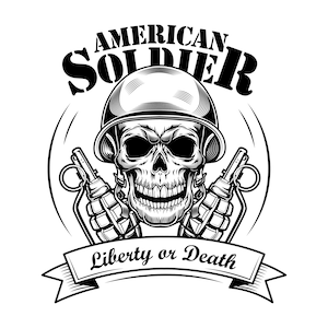 Ilustração SVG de crânio de soldado americano Cabeça de esqueleto em capacete de tankman com granadas Liberdade ou Morte Arquivos de corte vetorial para Cricut PNG JPG