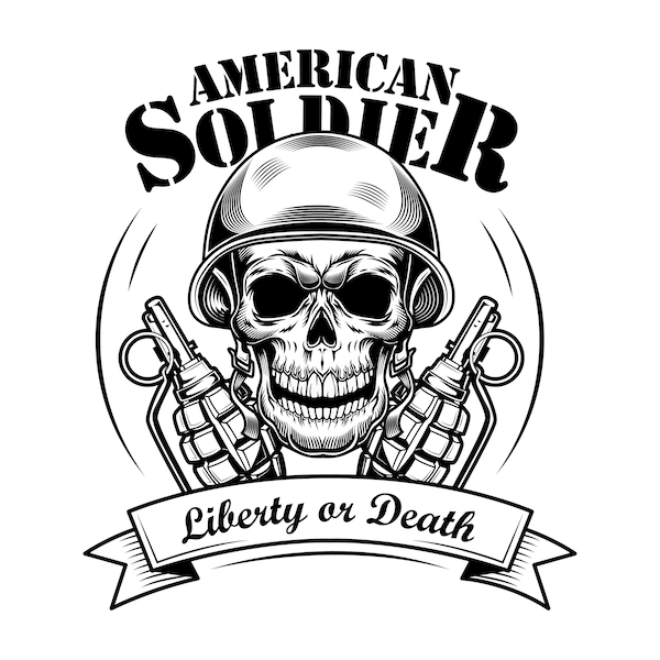 Amrican Soldier Skull SVG Illustration Head of Skeleton in Tankman Helmet with Grenades Liberty or Death Vector Cut files for Cricut PNG JPG