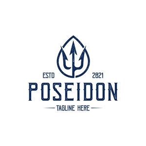 Può includere: Un logo blu e bianco con un tridente all'interno di un cerchio e il testo "POSEIDON" sotto. Il testo "ESTD 2021" è sopra il cerchio. Il testo "TAGLINE HERE" è sotto la parola "POSEIDON".