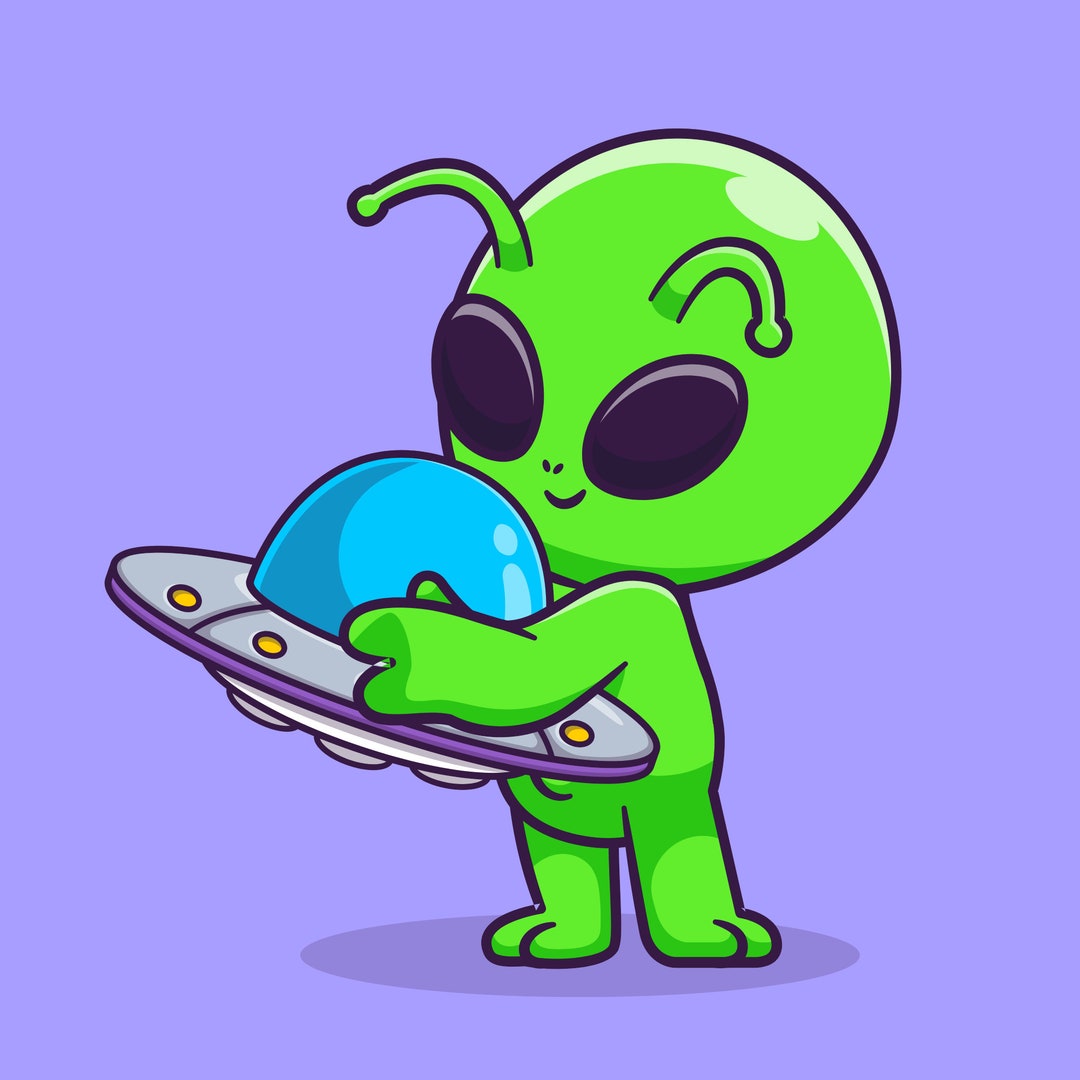 Hand Drawn Green Alien Hugging Spaceship SVG Illustration UFO With ...