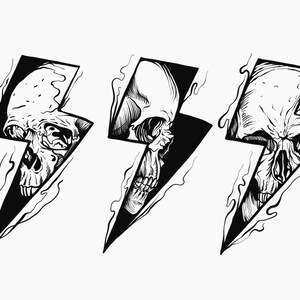 Ilustración dibujada a mano en blanco y negro de calavera con relámpagos, fondo de cabeza de esqueleto, clipart vectorial, silueta, archivos de corte para Cricut Commercial