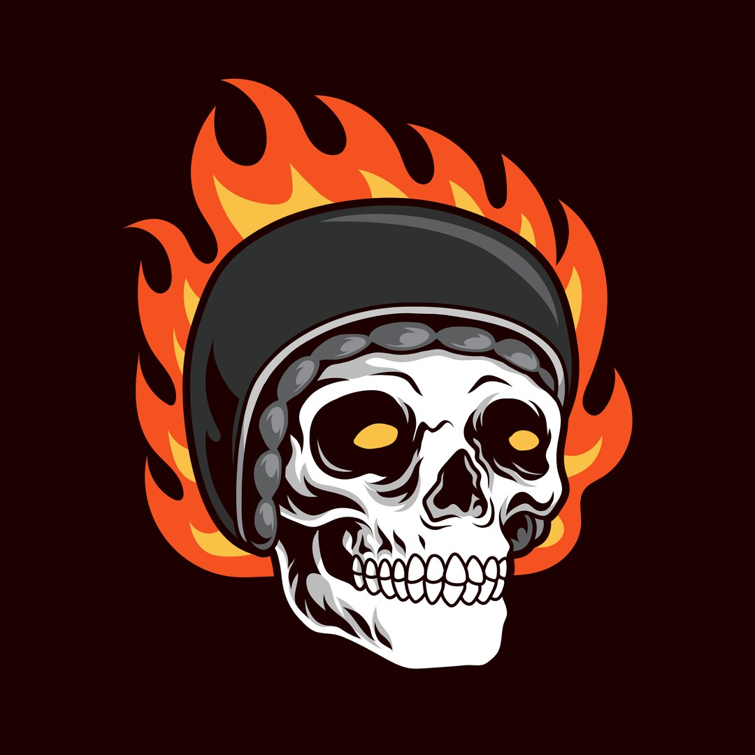 Biker Skull in Flames Digital Hand Drawn Illustration Rider Skeleton ...