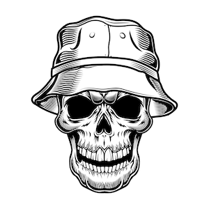 Calavera monocromática vintage SVG con sombrero de Panamá, clipart de Halloween, esqueleto aterrador, descarga digital, archivos de corte para Cricut, silueta, vector, png, jpg