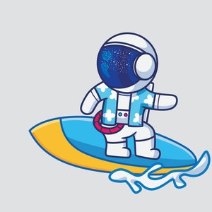 Dibujos animados de astronauta surfeando SVG ilustración dibujada a mano astronauta viaje vacaciones verano clipart vector silueta archivos de corte para Cricut