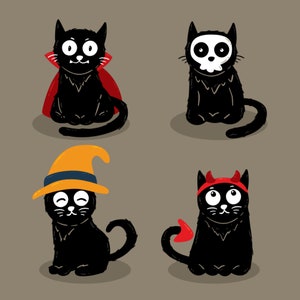 Paquete SVG de ilustración de gato de Halloween dibujado a mano Elementos de clipart de gatito espeluznante Silueta Archivos de corte vectorial para Cricut Descarga digital PNG