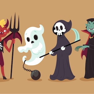 Halloween Hand Drawn Spooky Characters SVG Bundle Devil Death Ghost Skull Vampire Dracula Cartoon Clipart Set Vector Cut file for Cricut PNG