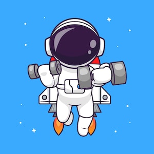 Cartoon Astronaut Lifting Dumbbell SVG Hand Drawn illustration Spaceman with Rocket Clipart Silhouette Vector Cut files for Cricut PNG JPG