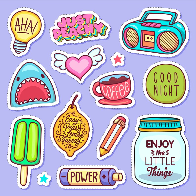 Hand Drawn Doodle Sticker SVG Bundle: Shark, Coffee, Heart (digital ...