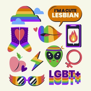 LGTBQIAP + lot d'autocollants SVG LGBT Lesbian Gay Bi Trans Pride Pack d'autocollants Clipart Silhouette fichiers Svg pour Cricut vecteur png jpg