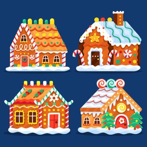 Ensemble de maisons en pain d'épice Noël dessinés à la main SVG nouvel an icône plate ensemble d'éléments mignons Silhouette vecteur coupé fichiers pour Cricut PNG JPG eps