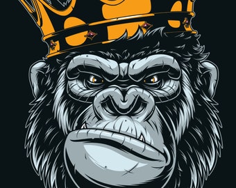 Hand Drawn King Gorilla in Golden Crown SVG Royal Monkey Digital illustration Animal Cartoon Mascot Clipart Vector Silhouette Commercial Use