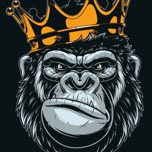 Hand Drawn King Gorilla in Golden Crown SVG Royal Monkey Digital illustration Animal Cartoon Mascot Clipart Vector Silhouette Commercial Use