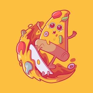 Personaje de pizza dibujado a mano surfeando en una tabla SVG Ilustración digital Comida italiana divertida Clipart Silueta Vector Archivos de corte para Cricut PNG
