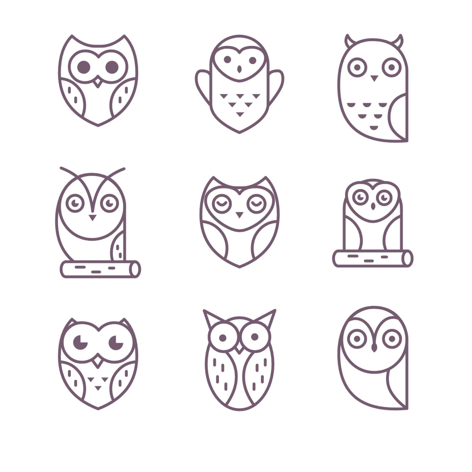 Minimalist Owl Logo Set: Hand Drawn Kawaii Vector Graphics (SVG, PNG, JPG)