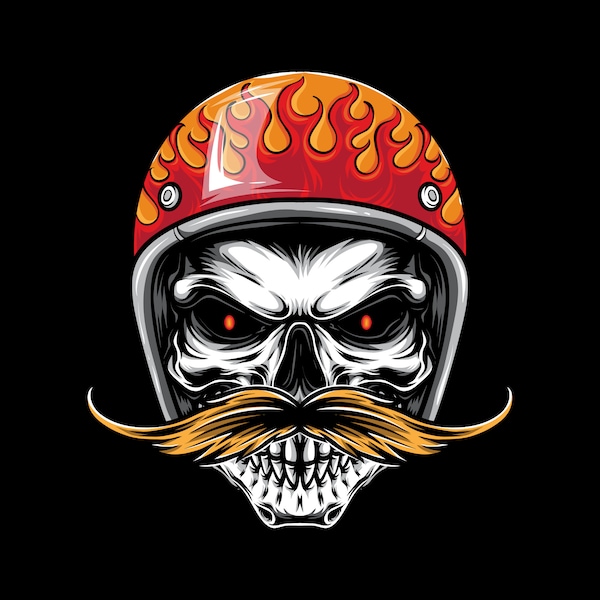 Hand Drawn Vintage Biker Skull with Moustache in Colorful Helmet SVG illustration Rider Skeleton Clipart Vector Cut files for Cricut PNG JPG