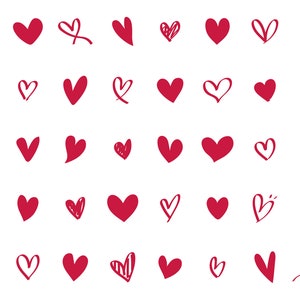 May include: A collection of 36 hand-drawn red hearts in various styles and sizes. The hearts are drawn with a thick, bold line and have a slightly irregular shape.