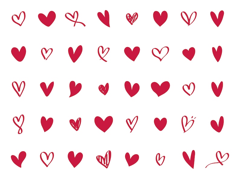 May include: A collection of 36 hand-drawn red hearts in various styles and sizes. The hearts are drawn with a thick, bold line and have a slightly irregular shape.