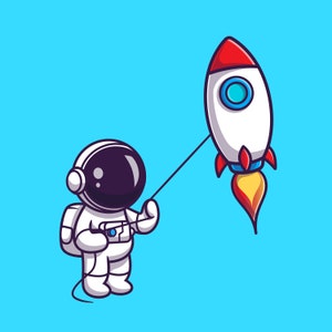 Astronauta de dibujos animados dibujados a mano SVG Lindo cosmonauta jugando con un cohete Cometa Astronauta con globo Clipart Vector Silueta Archivos de corte Cricut PNG JPG