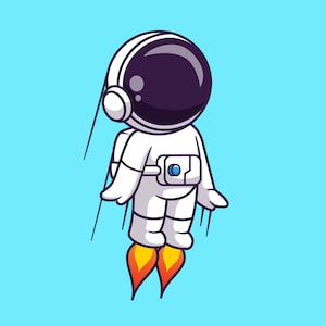 Ilustración de cosmonauta de dibujos animados voladores dibujada a mano SVG Astronauta hombre con casco de traje de hierro blanco Clipart Archivos de corte vectorial para Cricut PNG JPG
