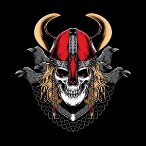 Puede incluir: Ilustración detallada de una calavera con un casco vikingo rojo con cuernos y trenzas rubias. La calavera tiene ojos rojos brillantes y está rodeada de cuervos negros, todo sobre un fondo negro.