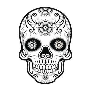 Calavera de azúcar mexicana dibujada a mano Clipart Esqueleto espeluznante de Halloween con flores SVG Silueta Vector Archivo de corte para Cricut Descarga digital PNG