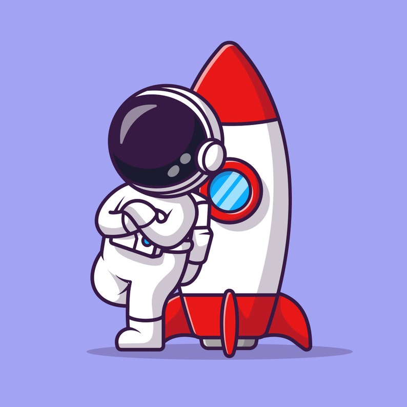 May include: A cartoon illustration of a white astronaut with a red and white rocket ship. The astronaut is standing with arms crossed and the rocket ship is behind the astronaut.