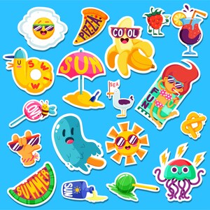 Bundle d'autocollants drôles d'été dessinés à la main illustration soleil banane pizza crème glacée éléments définis fichier vectoriel pour téléchargement numérique Cricut