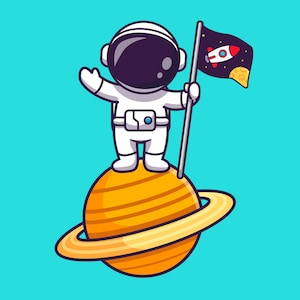 Astronauta de dibujos animados sosteniendo una bandera de cohete en Saturno SVG Ilustración dibujada a mano Cosmos Astronauta Clipart Vector Silueta Archivos de corte para Cricut