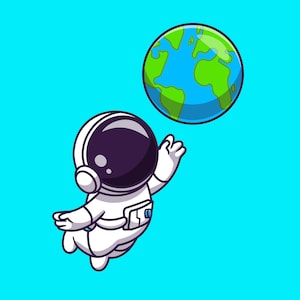 Astronaute de dessin animé dessiné à la main flottant avec la Terre, astronaute SVG, dans le cosmos Clipart plat Doodle Silhouette vecteur coupe fichiers pour Cricut PNG JPG
