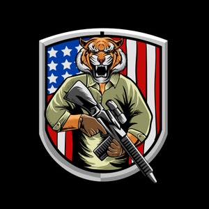Hand Drawn Angry Cartoon Tiger on USA Flag Background SVG Digital illustration Army Cat with Rifle Clipart Vector Silhouette SVG Cut Cricut