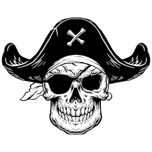 Könnte beinhalten: Eine Schwarzweißillustration eines Schädels, der einen Piratenhut mit einem Totenkopf- und Knochenmotiv trägt. Der Schädel hat ein Augenklapp und ein Bandana.