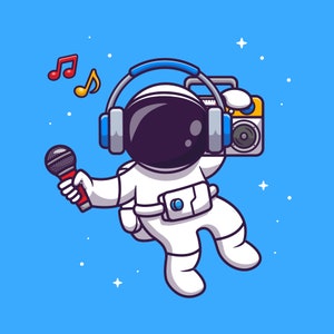 Hand Drawn Astronaut Listening Music with Boombox SVG illustration Cartoon Spaceman Clipart Vector Cut files for Cricut Digital Download PNG