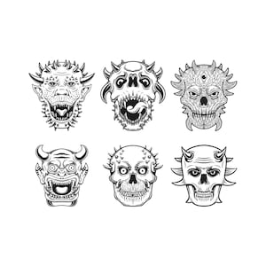 Enge monsterschedels met hoorns SVG bundel Halloween skelet duivel hoofden clipart set silhouet vector gesneden bestand voor Cricut digitale download