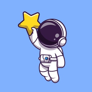 Hand Drawn Cartoon Astronaut SVG Flying Spaceman Holding Cute Star Clipart Vector Silhouette Cut files for Cricut Digital Download PNG JPG