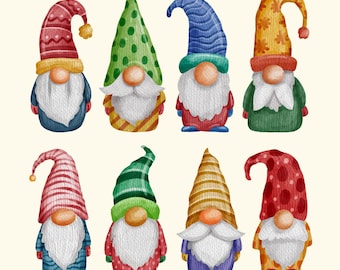 May include: Eight watercolor gnomes with different colored hats and clothing. The gnomes are all wearing white beards and have a whimsical, festive look.