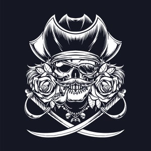 Hand Drawn Pirate Captain Skull with Swords illustration SVG Rider Skeleton with knives Clipart Silhouette Vector Cut files for Cricut PNG