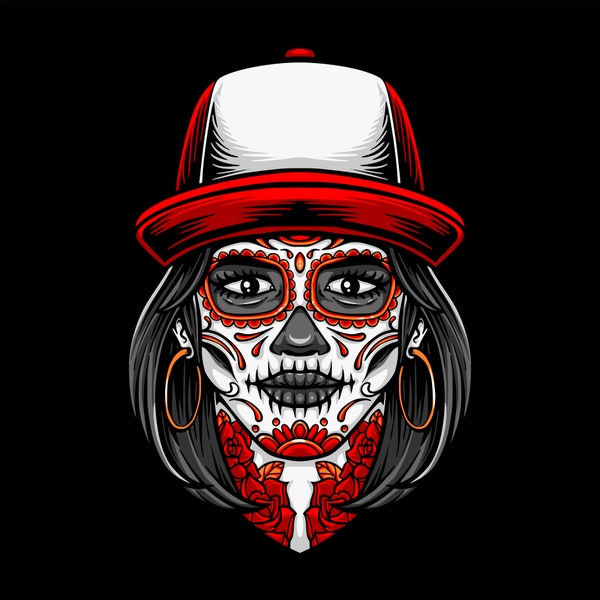 Hand gezeichnete Frau Sugarskull in Red Hat Illustration SVG Weiblichen Skelett Kopf in Cap Clipart Vektor Silhouette Cut Dateien für Cricut PNG JPG