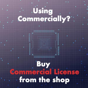 May include: A blue and white circuit board icon with the text 'Using Commercially?' in white text above the icon and the text 'Buy Commercial License from the shop' in red and white text below the icon. The background is a dark purple grid with light blue dots.