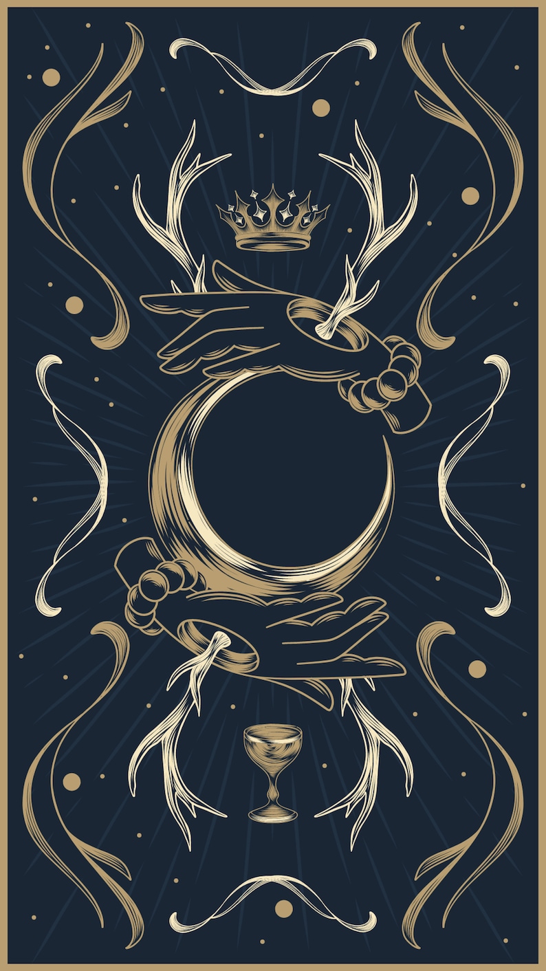 May include: A stylized illustration of two hands holding a crescent moon, with a crown and antlers above. The background is dark blue with white stars and gold floral designs.