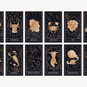 Pacchetto SVG di carte dei tarocchi dello zodiaco Mazzo di oroscopi Set PNG Carte di astrologia stampabili Lettura dei tarocchi dell'amore file svg per cricut